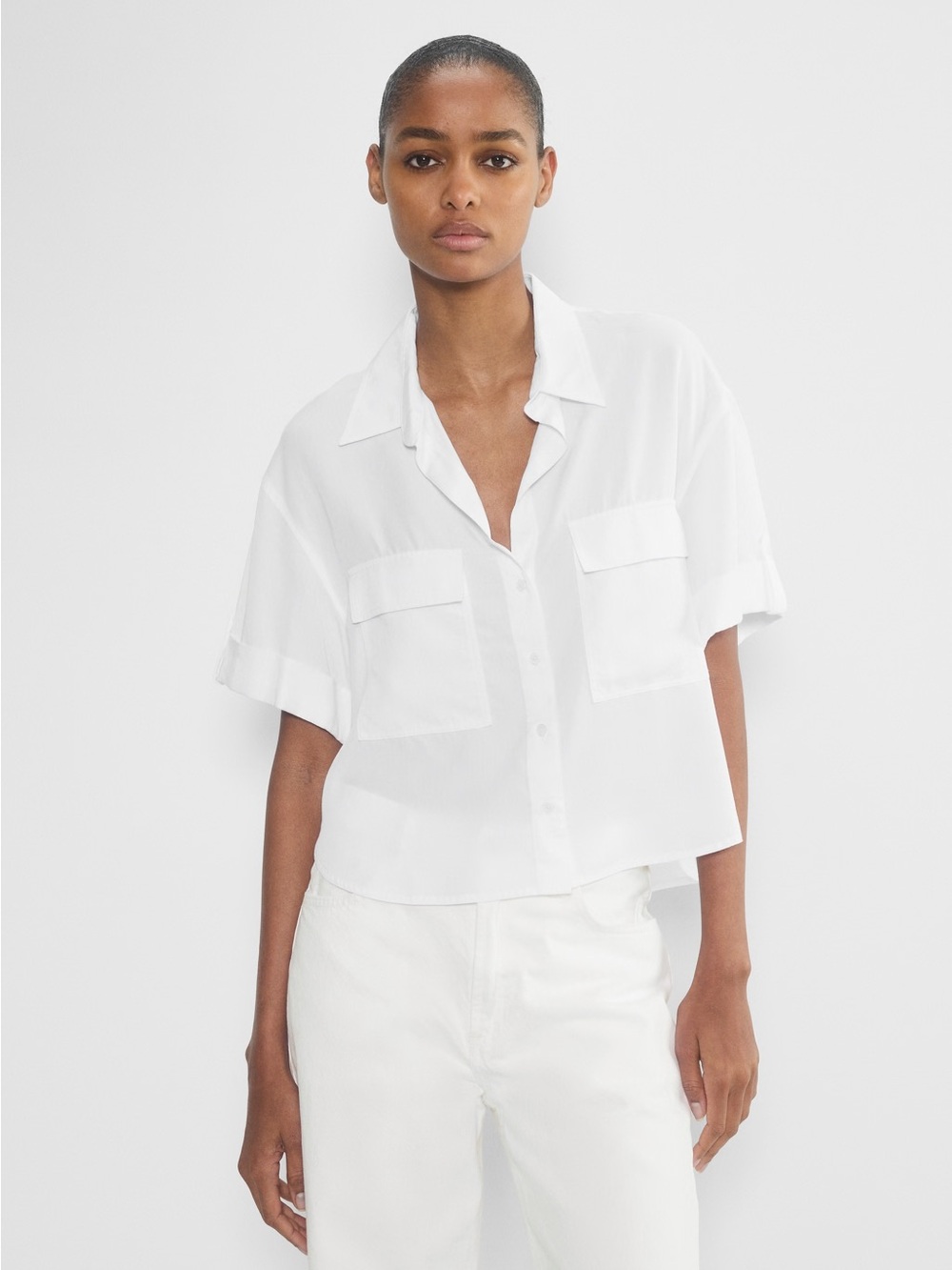 Babaton White Short-Sleeve Boxy Button-Down Shirt